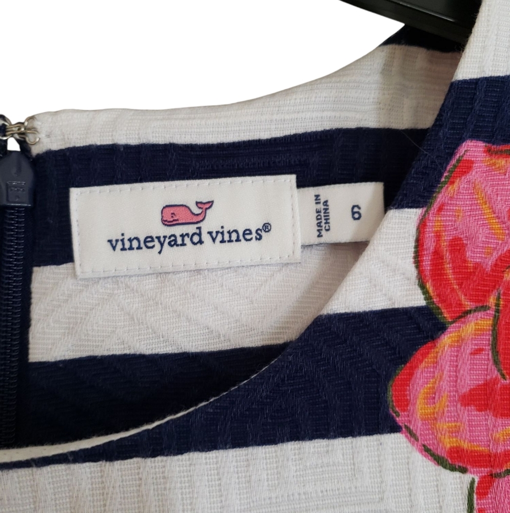 Vineyard Vines Navy & White Striped Dress with Pink Flowers Size 6 - Picture 3 of 3